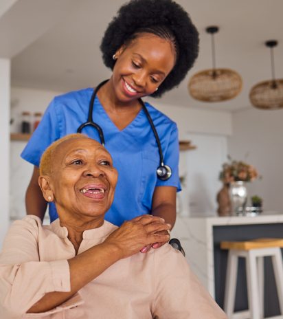 Black people, nurse and senior patient in elderly care, wheelchair and healthcare at home. Happy Af.